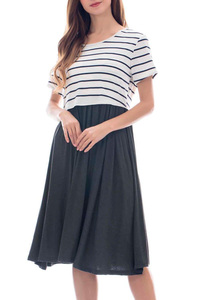 Smallshow Women's Short Sleeve Patchwork Nursing Dresses for Breastfeeding Small White Stripe - Image 3